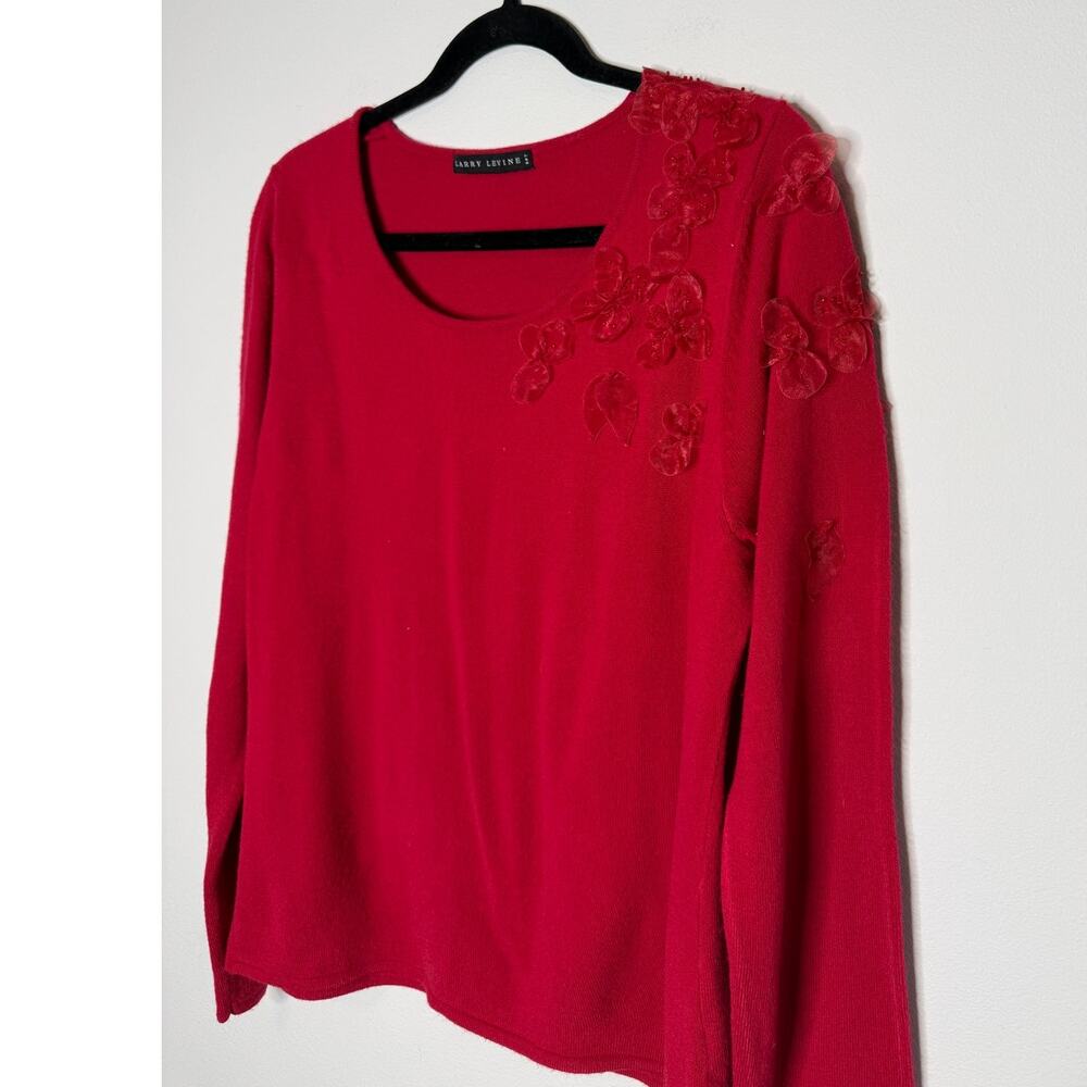 Red 3D Floral Appliqué Sweater Textured Knit Romantic Top Size Large